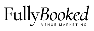 The logo displays the words "FullyBooked" in large black letters, with "VENUE MARKETING" written in smaller uppercase letters underneath. The background is light gray.