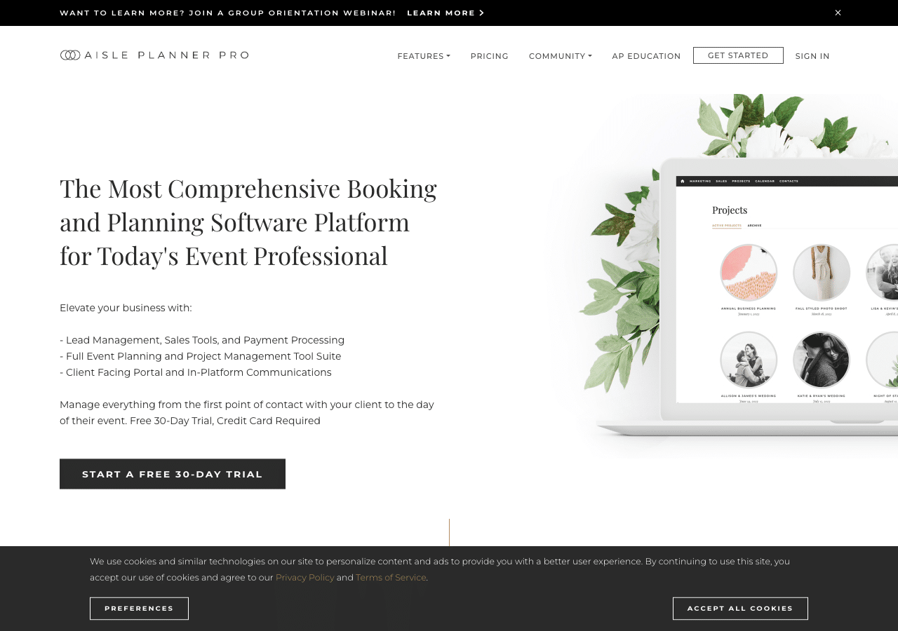 Wedding Venue CRM: Which Tools Venues Actually Use (With Pricing) 2 Aisle Planner Pro homepage showing booking, planning, and client management features with free 30-day trial