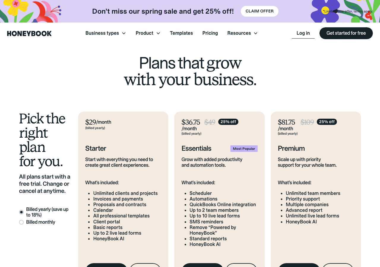 Wedding Venue CRM: Which Tools Venues Actually Use (With Pricing) 1 HoneyBook pricing page showing Starter at 29 per month, Essentials, and Premium plans for wedding venue CRM software