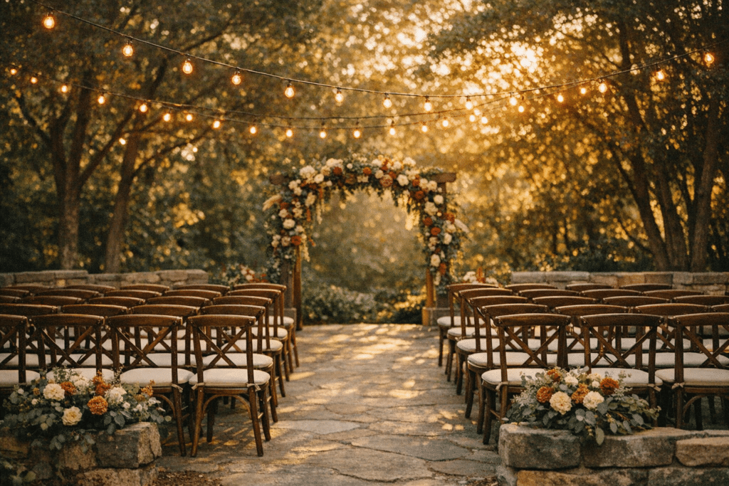 Wedding Venue Marketing: How High-Booking Venues Fill Prime Saturdays 7 Outdoor wedding venue ceremony space with wooden chairs, floral arch, string lights, and golden-hour backlight through trees