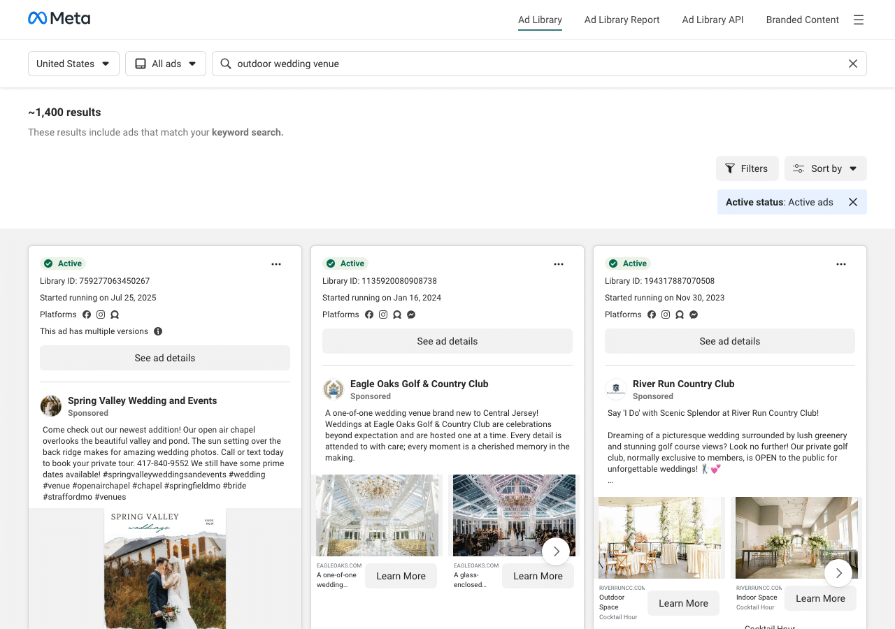 Wedding Venue Marketing Examples: Real Campaigns That Fill Calendars 2 Meta Ad Library showing active outdoor wedding venue ads from Spring Valley Wedding and Events, Eagle Oaks Golf and Country Club, and River Run Country Club