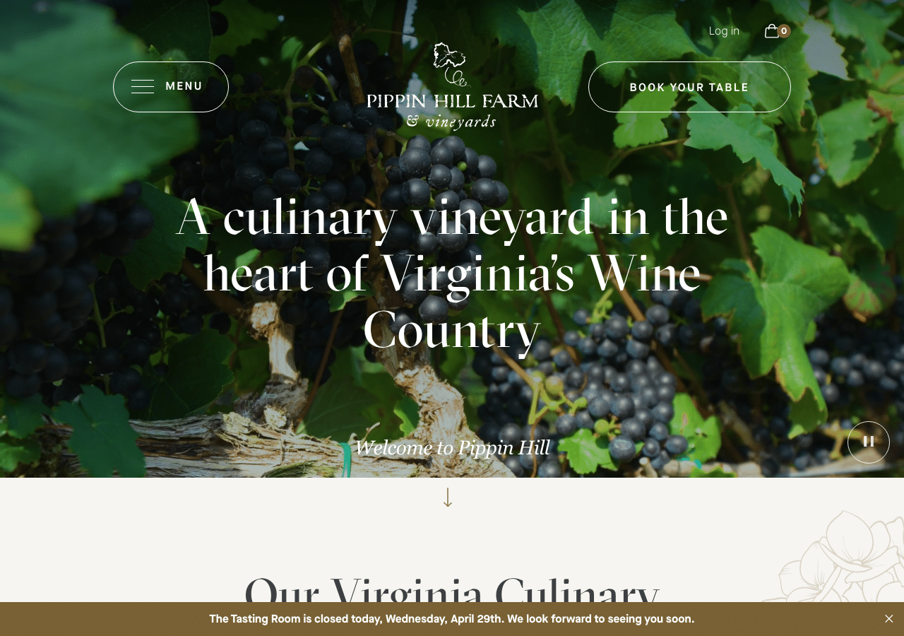 Wedding Venue Marketing Examples: Real Campaigns That Fill Calendars 1 Pippin Hill Farm and Vineyards homepage showing professional venue branding and culinary vineyard positioning