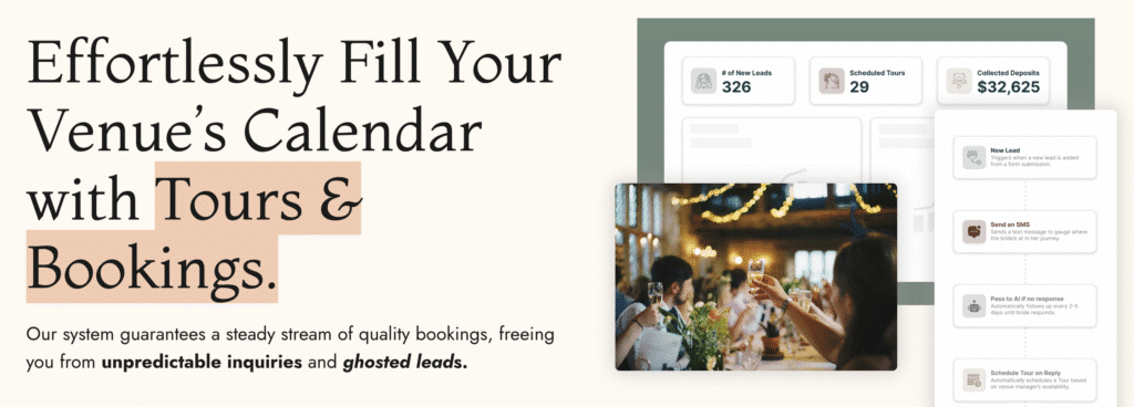 Wedding Venue Instagram Captions: 65 Ideas to Attract More Couples 5 A promotional graphic for a wedding venue booking service features bold text about filling your calendar with tours and bookings, a lively photo of guests raising glasses at an event, and sample booking stats on a digital dashboard.