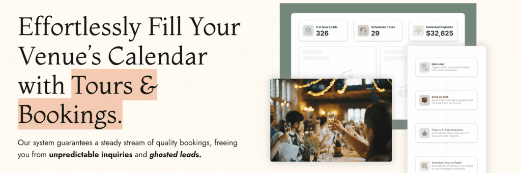 How to Attract Wedding Clients: 7 Steps to Fill Your Calendar Faster 4 A promotional graphic for a venue booking platform displays metrics, bookings, and people dining. Text highlights how to attract wedding clients by easily filling your venue’s calendar—no more unpredictable inquiries or ghosted leads.