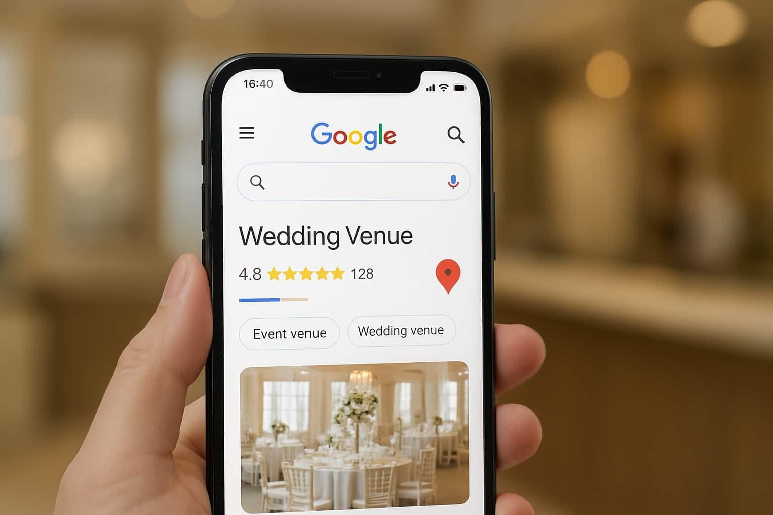 Advanced Local SEO for Wedding Venues: 7 Tactics That Move Your Map Pack Position (2026 Guide) 2 Google Business Profile listing for a wedding venue displayed on a smartphone showing category settings and review ratings