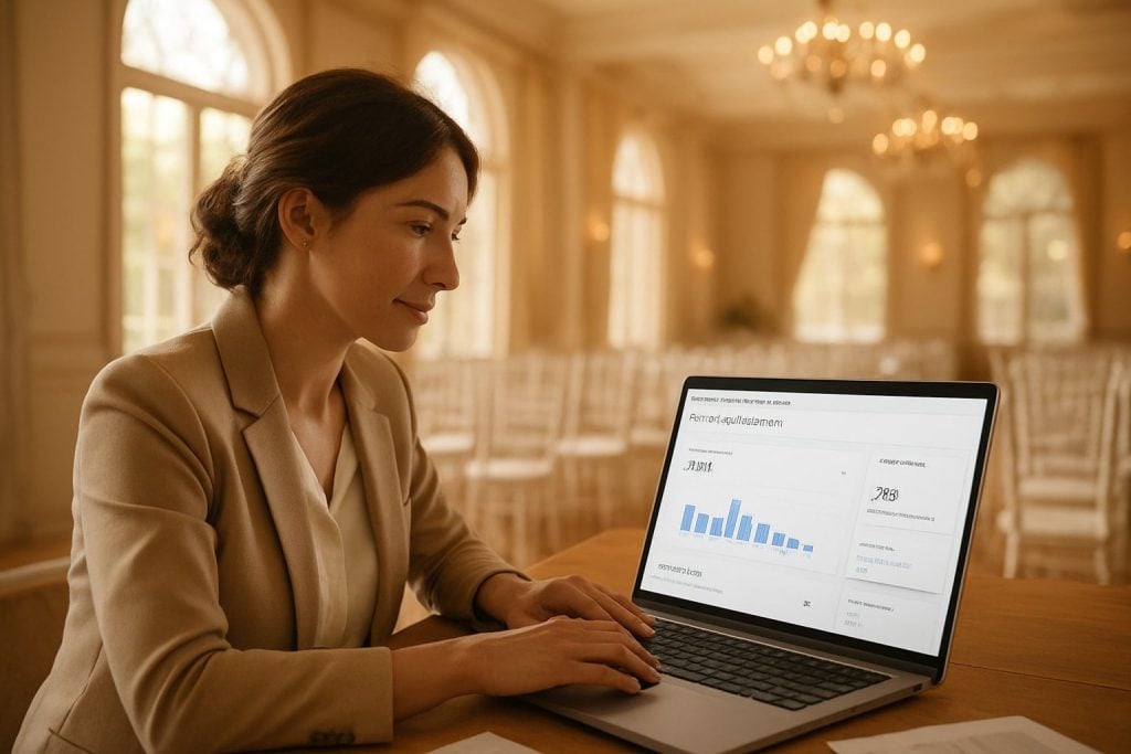 A wedding venue manager sitting at a desk reviewing Google Business Profile analytics on a laptop, with a sunlit elegant venue hall visible through a large window in the background — warm tones, editorial photography style