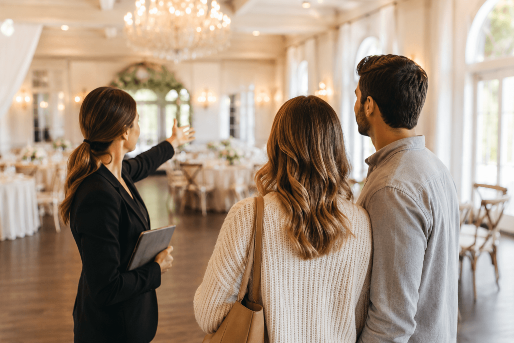 Couple walking through an elegant ballroom during a wedding venue tour with a venue manager at a luxury wedding venue