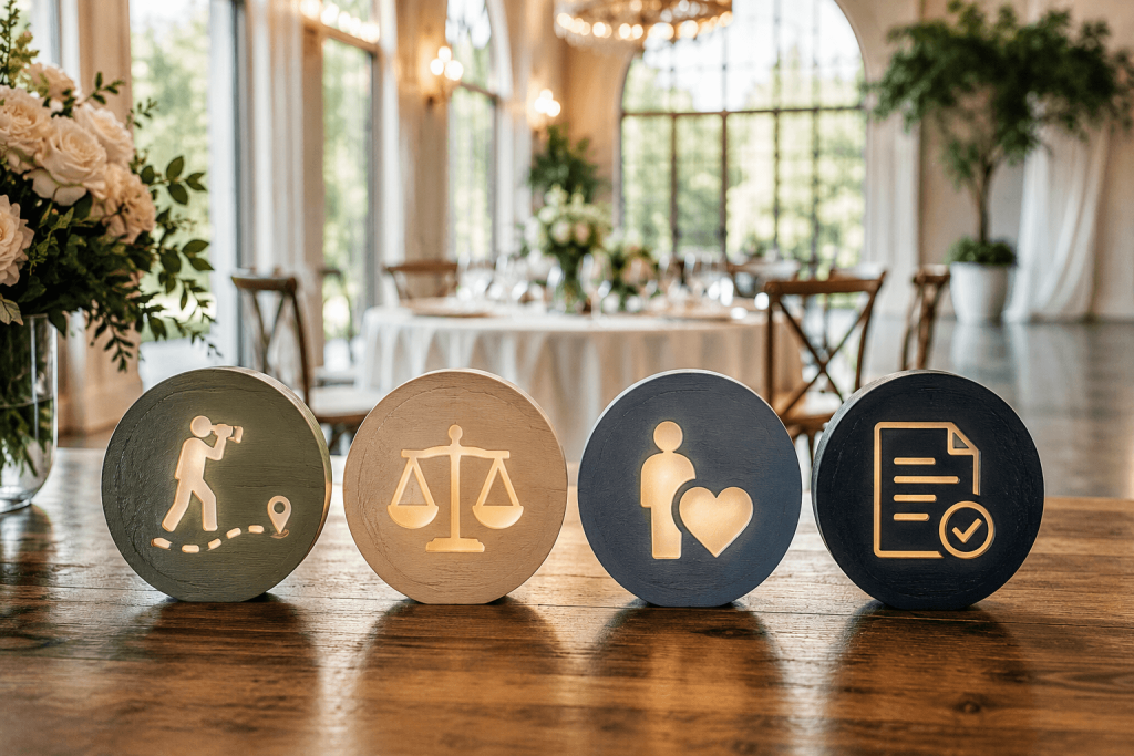 Wedding Venue Tour Questions: What High-Booking Venues Ask Differently During Tours 1 Buyer-readiness stages represented visually during a wedding venue tour inside an upscale wedding venue