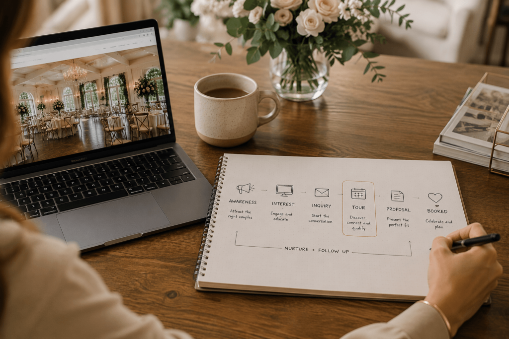 Wedding Venue Tour Questions: What High-Booking Venues Ask Differently During Tours 3 Wedding venue tour marketing workflow shown on a planner beside a laptop inside an elegant wedding venue office