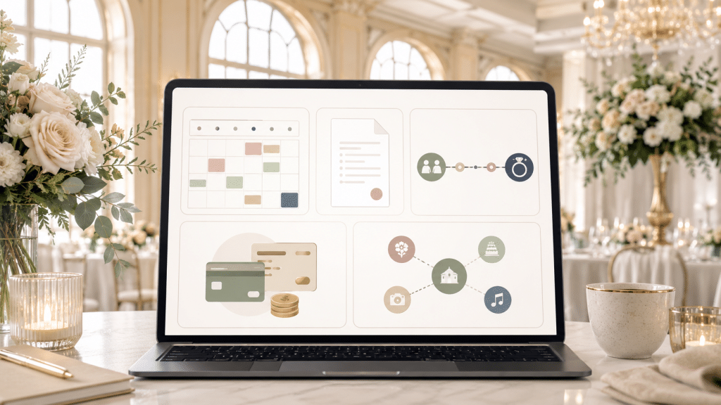 Wedding Venue CRM Comparison: HoneyBook vs. Táve vs. Aisle Planner vs. Dubsado 6 Wedding venue CRM dashboard on a laptop showing calendar availability, contract details, payment tracking, and vendor referral sources inside an elegant reception space.