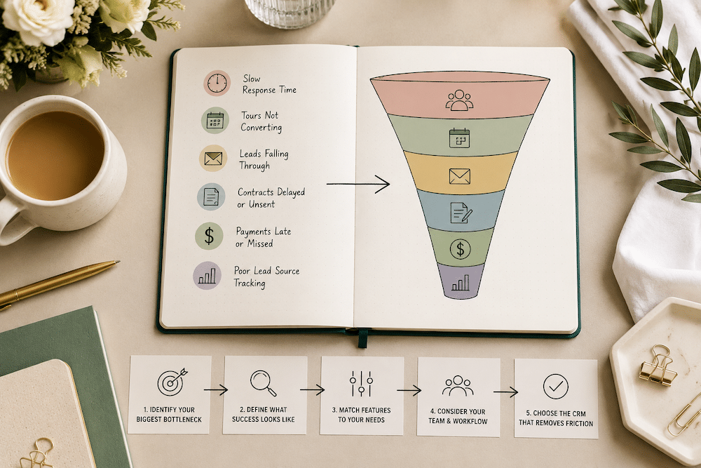 Wedding Venue CRM Comparison: HoneyBook vs. Táve vs. Aisle Planner vs. Dubsado 5 Wedding venue CRM evaluation worksheet showing booking bottlenecks, lead tracking, contract delays, payment issues, and steps for choosing the right CRM.