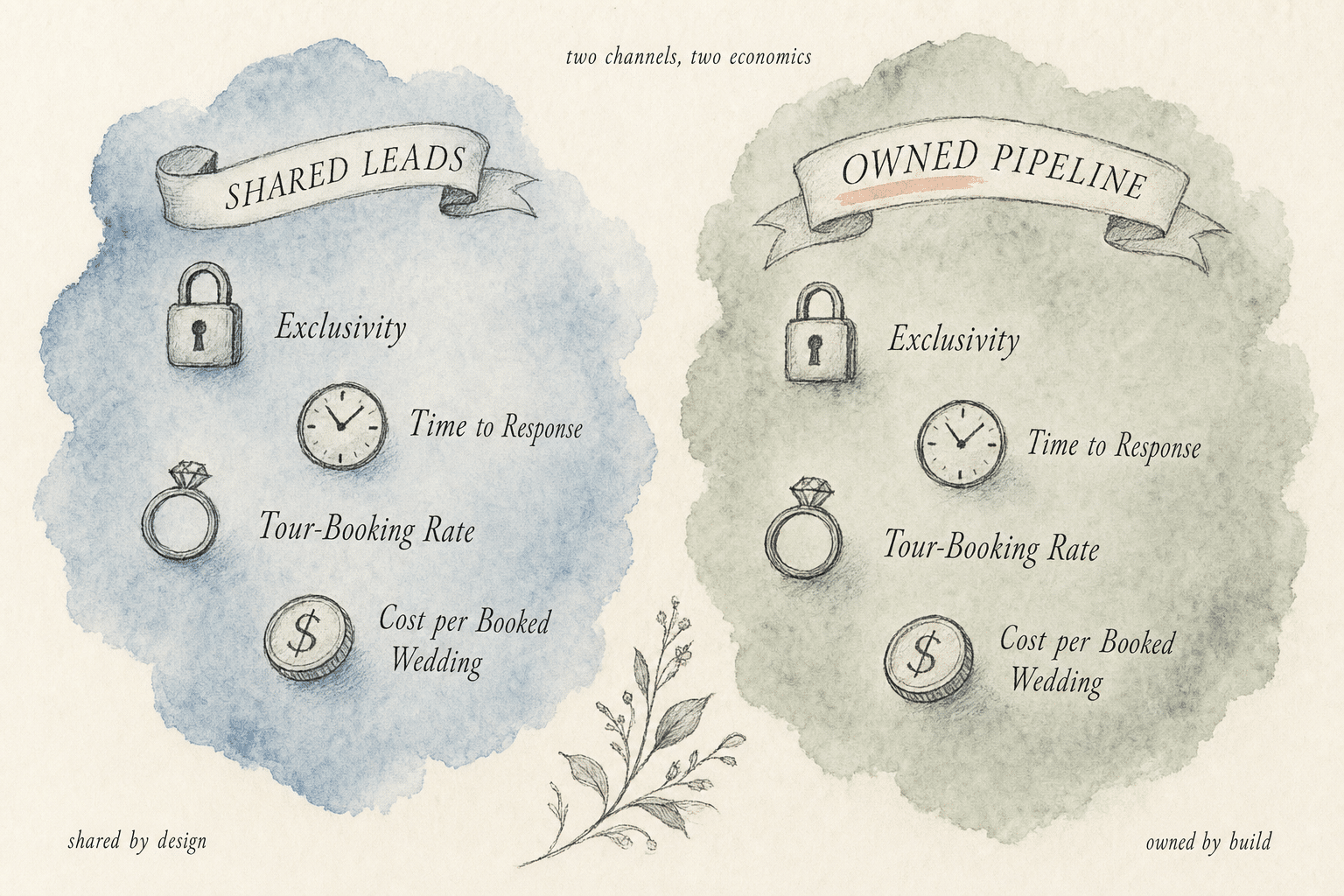 Wedding Venue Marketing Ideas: 20 Proven Ways to Promote Your Venue 2 Side-by-side comparison: aggregator shared leads versus owned pipeline inquiry, showing time to response, exclusivity, and tour-booking rate