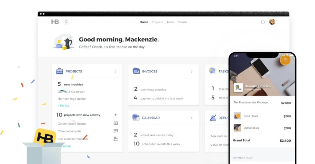 Wedding Venue CRM Comparison: HoneyBook vs. Táve vs. Aisle Planner vs. Dubsado 1 Wedding venue CRM dashboard showing project, invoice, task, calendar, and payment details across desktop and mobile screens.