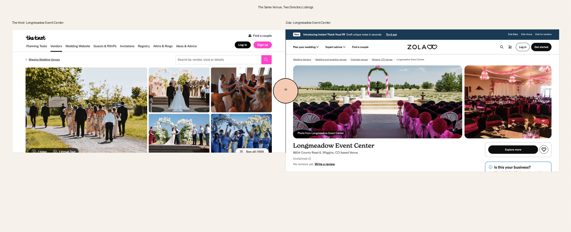 The Knot Alternatives for Wedding Venues: The Channel Mix That Replaces Directory Spend 1 Side-by-side comparison of Longmeadow Event Center on The Knot and on Zola — the same venue, two directory listings, same shared-marketplace model