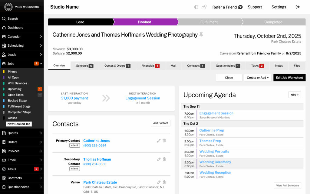 Wedding Venue CRM Comparison: HoneyBook vs. Táve vs. Aisle Planner vs. Dubsado 4 Wedding venue CRM dashboard showing booked event status, contact details, payment balance, referral source, contracts, tasks, and upcoming wedding schedule.