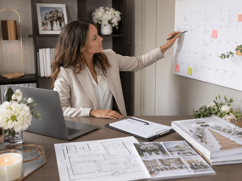 Wedding Venue Off Season Booking Strategy image showing a venue owner reviewing a booking calendar, planning slower dates, mid-week availability, and shoulder-season demand.