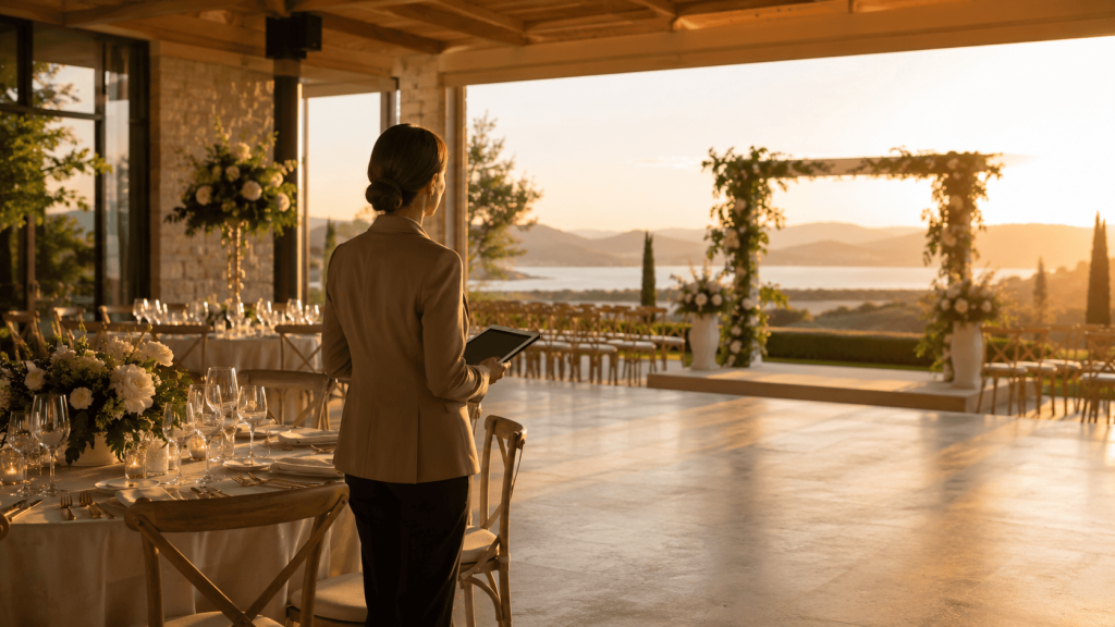 Wedding venue owner reviewing an elegant reception space at sunset while planning how to raise wedding venue prices