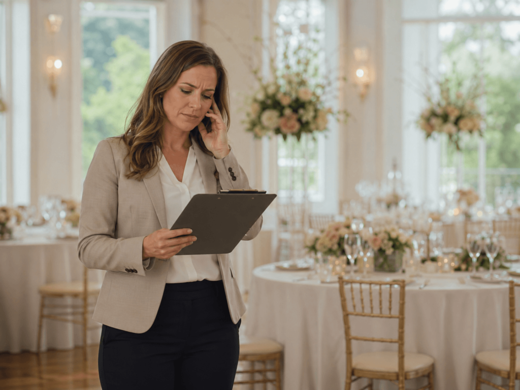 How to Raise Wedding Venue Prices and Keep the Right Bookings Coming 1 Lightly frustrated wedding venue owner reviewing a clipboard while standing inside an elegant reception space set for an event