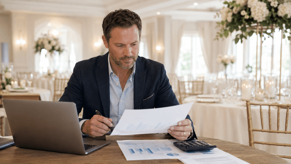 How to Raise Wedding Venue Prices and Keep the Right Bookings Coming 3 Wedding venue owner reviewing pricing documents with a laptop and calculator inside an elegant reception space