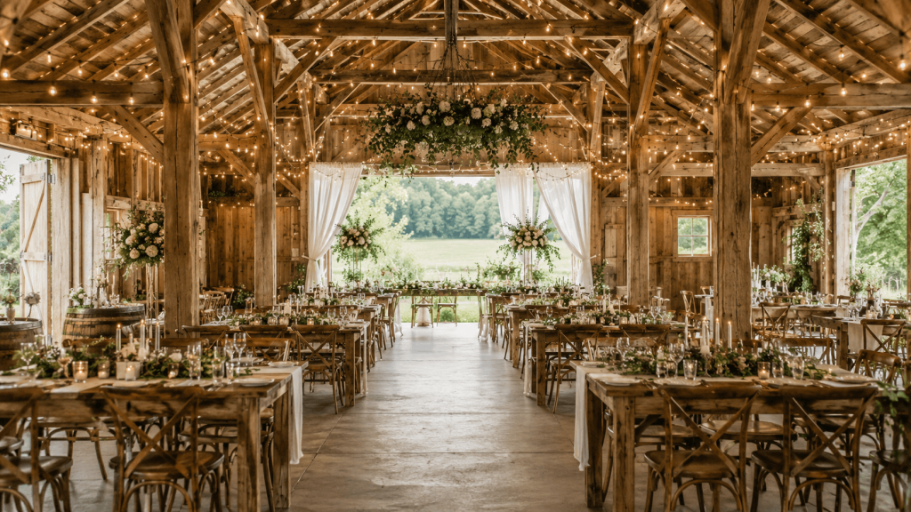 How to Raise Wedding Venue Prices and Keep the Right Bookings Coming 2 Rustic wedding venue with exposed wooden beams, string lights, floral arrangements, and reception tables set inside a barn