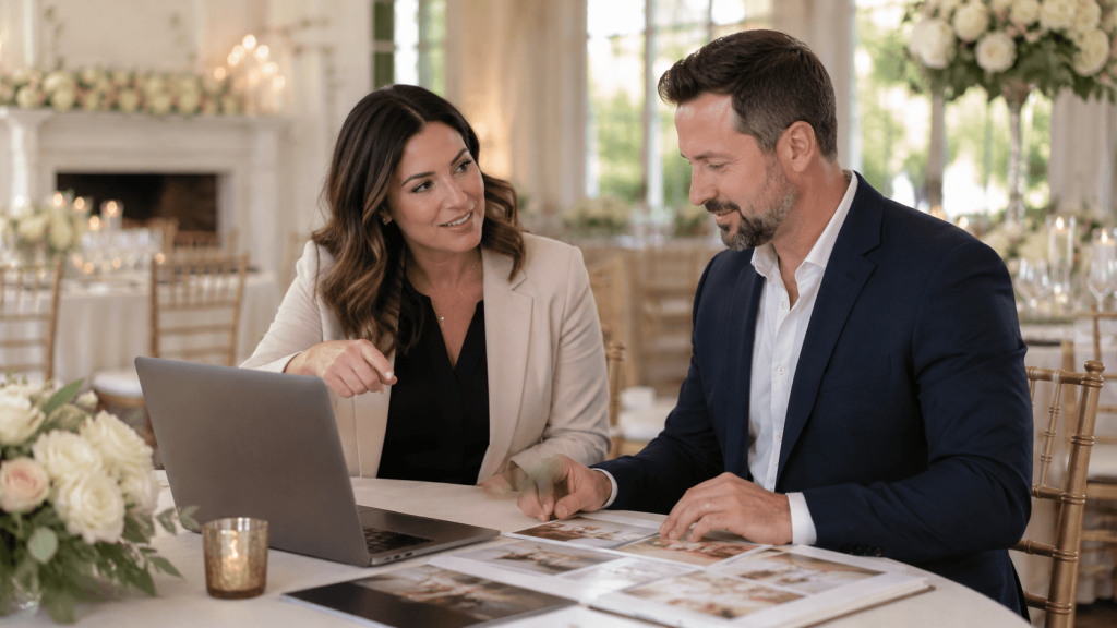 How to Raise Wedding Venue Prices and Keep the Right Bookings Coming 4 Wedding venue owner meeting with a marketing professional to review promotional materials inside an elegant reception space