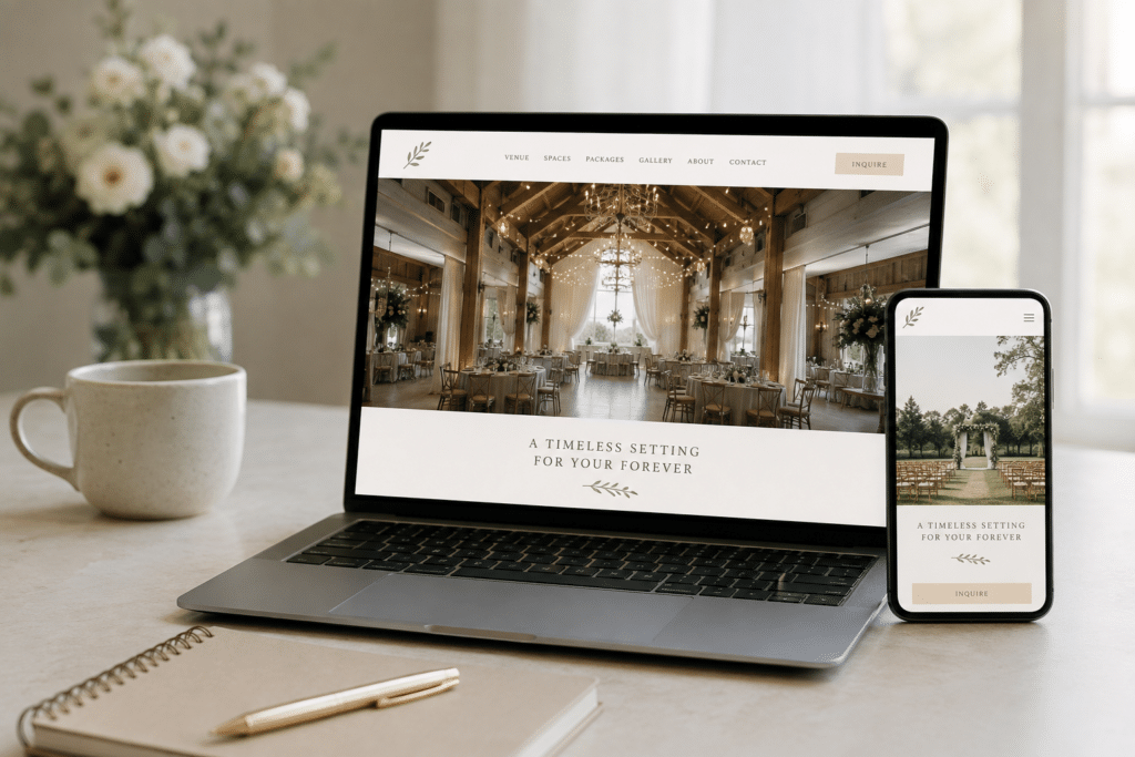 Best wedding venue websites displayed on laptop and mobile screens, featuring elegant venue photography and a responsive wedding venue website design.