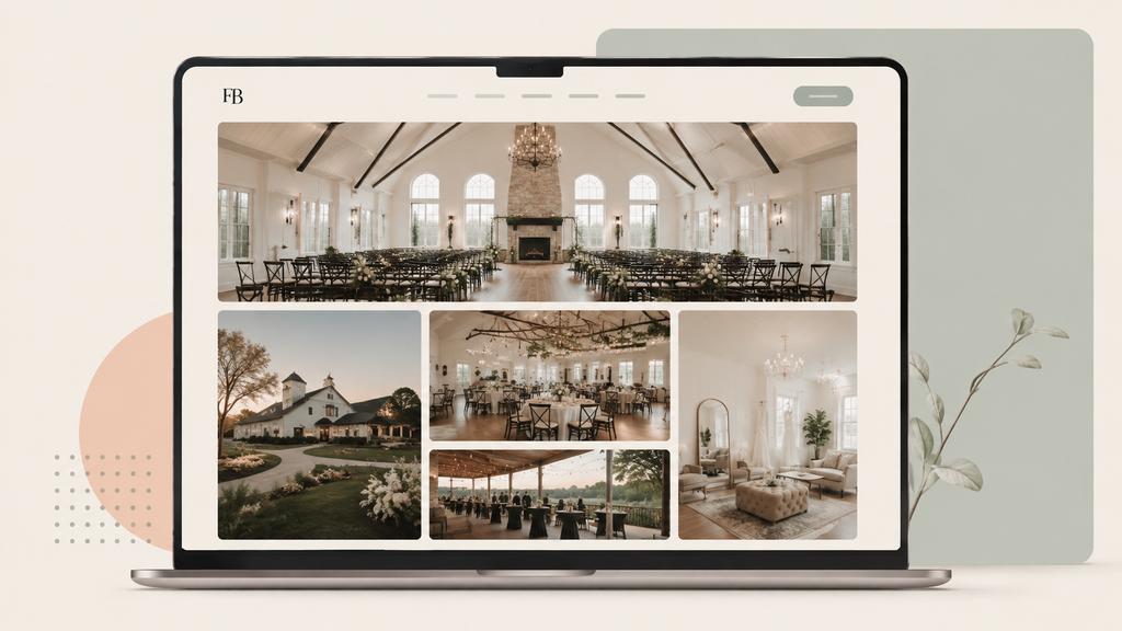 Best Wedding Venue Websites: Conversion Elements That Actually Book Tours 1 Wedding venue website gallery displayed on a laptop, featuring ceremony, reception, exterior, cocktail hour, and getting-ready spaces.