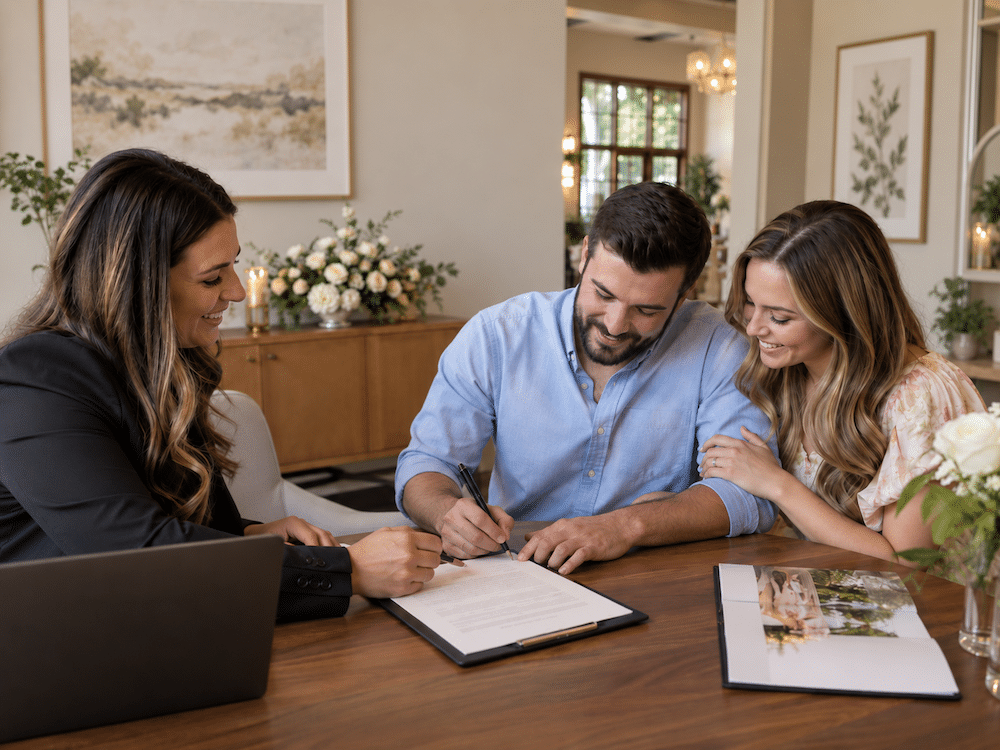 How to Improve Your Wedding Venue Tour Close Rate: 5 Tips + Practical Advice 4 Couple signing a wedding venue contract with the venue owner at a desk after a successful tour and follow-up process.