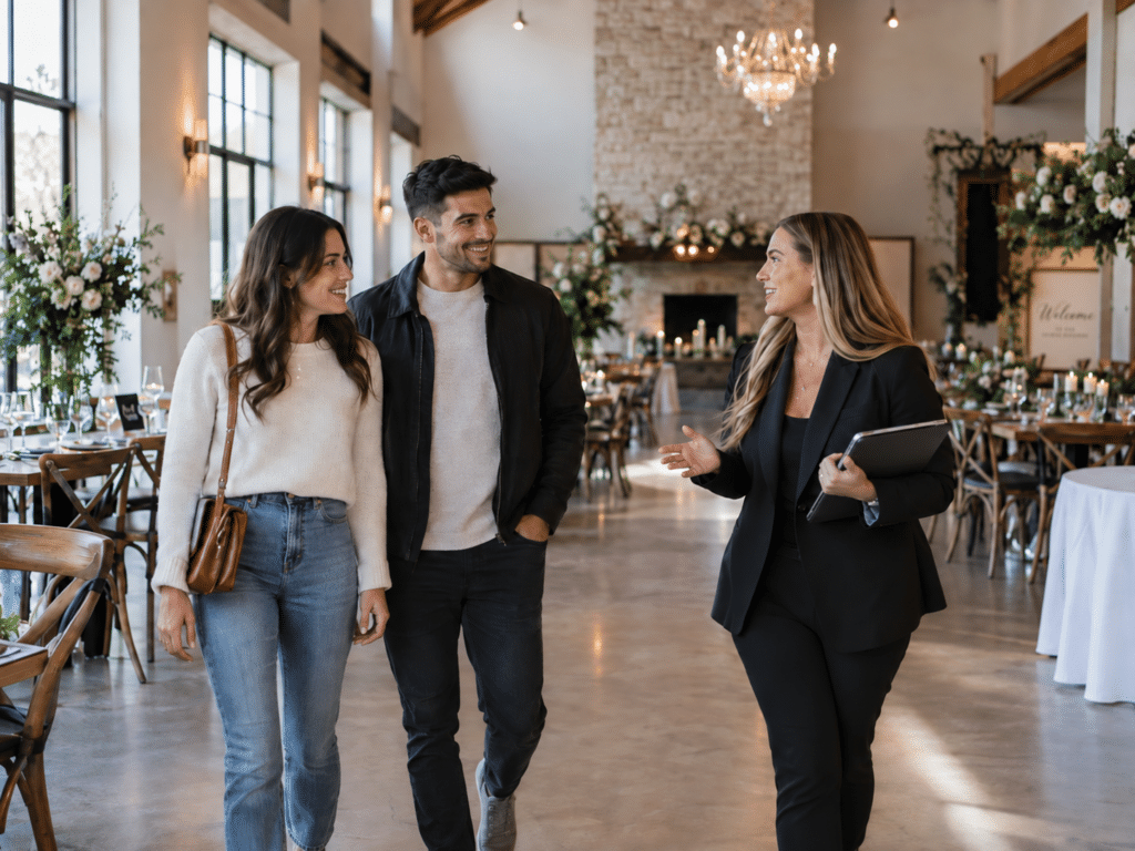 Couple touring a wedding venue with a coordinator while discussing details that can affect the venue tour close rate.