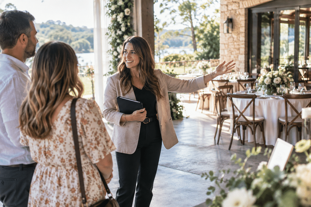 Wedding Venue Marketing Cost: What Venues Actually Spend + What Drives It 3 Wedding venue owner giving an engaged couple a tour of a decorated wedding venue reception space.