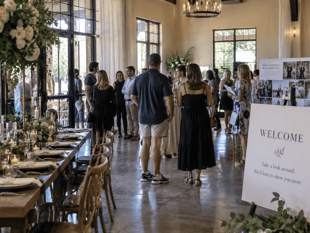 Wedding venue open house with prospective couples touring a styled reception space and meeting venue staff.