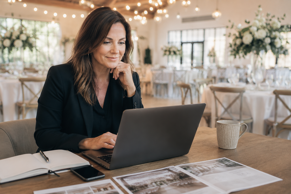 Best Wedding Venue Websites: Conversion Elements That Actually Book Tours 4 Wedding venue owner working on a laptop inside an elegant reception space with decorated tables and floral arrangements.