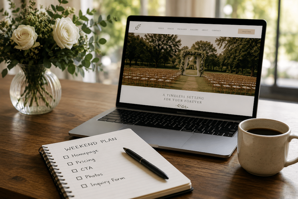 Best Wedding Venue Websites: Conversion Elements That Actually Book Tours 3 Wedding venue website displayed on a laptop beside a weekend checklist for improving homepage content, pricing, CTAs, photos, and inquiry forms.