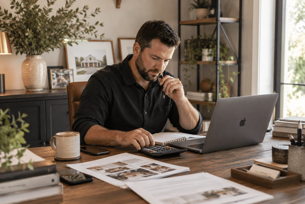 How to Improve Your Wedding Venue Tour Close Rate: 5 Tips + Practical Advice 1 Wedding venue owner reviewing numbers at his desk with a calculator, laptop, and planning documents to evaluate venue tour close rate.