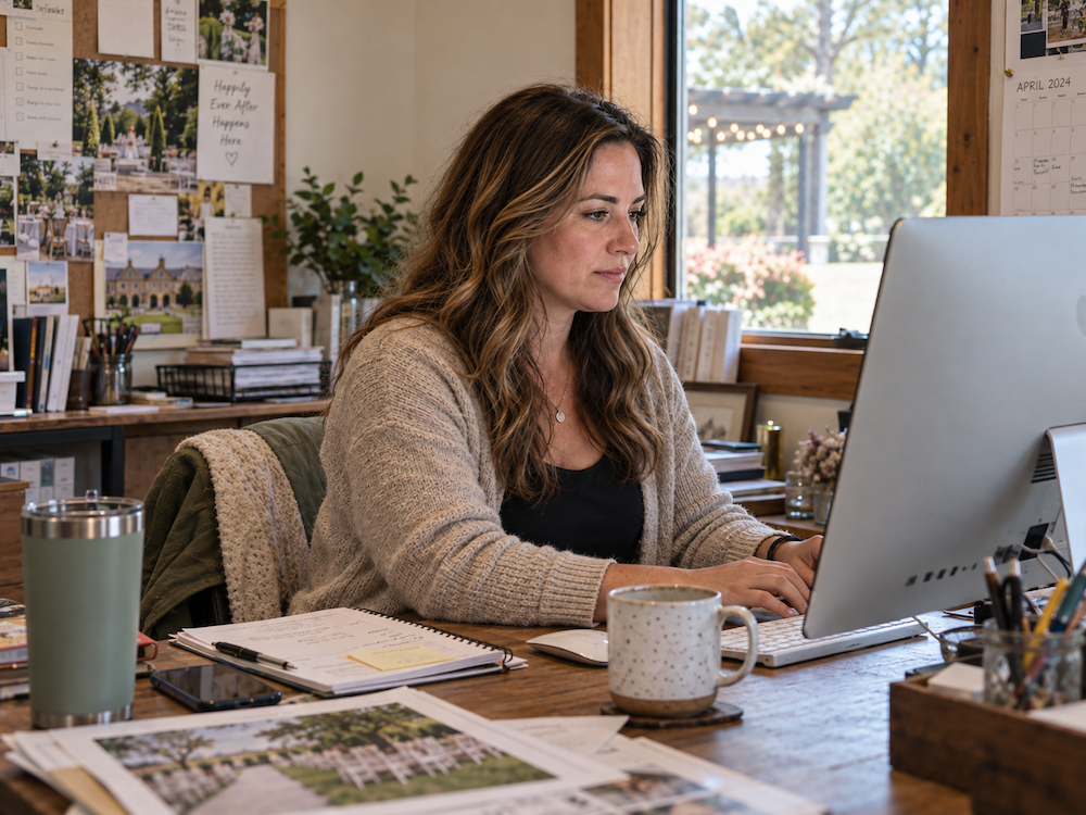 Wedding Venue Brochure: What to Put in It So It Qualifies Couples Before the Tour 3 Wedding venue owner working at a desktop computer in her office, surrounded by wedding planning notes, venue photos, and brochures.