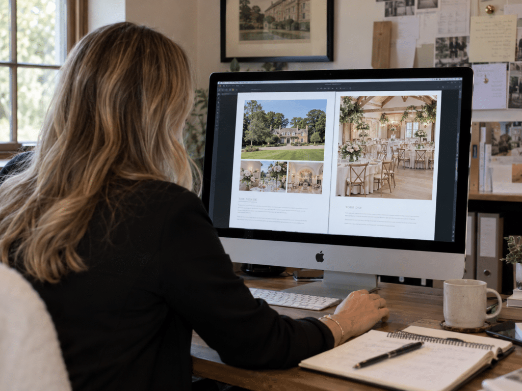 Wedding venue owner reviewing a wedding venue brochure on a desktop computer, featuring venue photos, reception spaces, and event details.