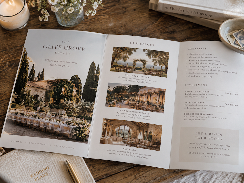 Wedding Venue Brochure: What to Put in It So It Qualifies Couples Before the Tour 2 Open wedding venue brochure on a wooden table featuring estate photography, ceremony and reception spaces, amenities, and wedding package pricing.