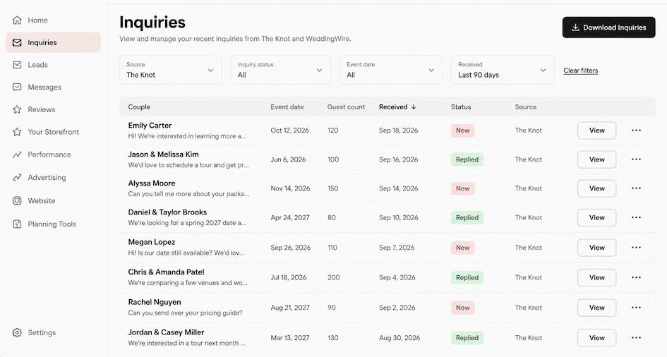 Are The Knot Leads Fake or Real? How to Tell If They Found You on Google First 1 Inquiries dashboard showing recent leads from The Knot, including event dates, guest counts, inquiry status, and source.